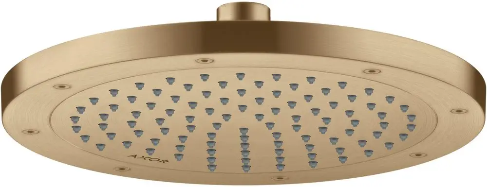 Runde Kopfbrause in gebürstetem Bronze mit mehreren Wasserstrahlen, hergestellt von AXOR. Oberfläche mit gleichmäßig verteilten Düsen für eine gleichmäßige Wasserverteilung.